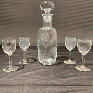 Glass Flower Etched Decanter and Set of (4) Wine glasses